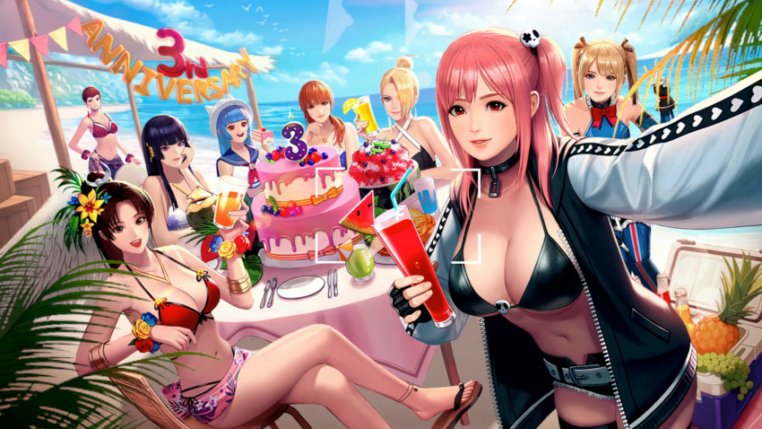 6+girls artist_request beach bikini birthday_cake blue_sky breasts brown_eyes brown_hair cake camera cloud day dead_or_alive dead_or_alive_6 fatal_fury food hair_ornament highres hime_cut holding holding_camera honoka_(doa) horizon kasumi_(doa) kula_diamond large_breasts marie_rose mature_(kof) medium_hair mole multiple_girls navel non-web_source nyotengu ocean official_art one_side_up outdoors palm_tree pink_eyes pink_hair sand selfie shiranui_mai short_hair skull_hair_ornament sky smile snk swimsuit taking_picture tengu the_king_of_fighters the_king_of_fighters_all-stars tree vice_(kof) water white_wings wings