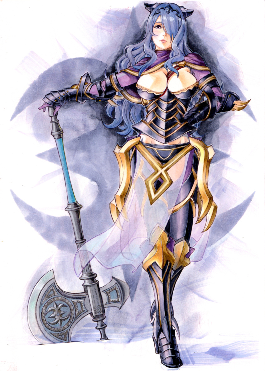 armored_boots axe battle_axe between_breasts black_panties blue_hair boots breasts breasts_apart brown_eyes camilla_(fire_emblem) cleavage closed_mouth diadem female fire_emblem fire_emblem_fates gloves groin hair_over_one_eye headwear_request highres large_breasts long_hair panties purple_gloves sayamiya solo standing transparent underwear very_long_hair weapon