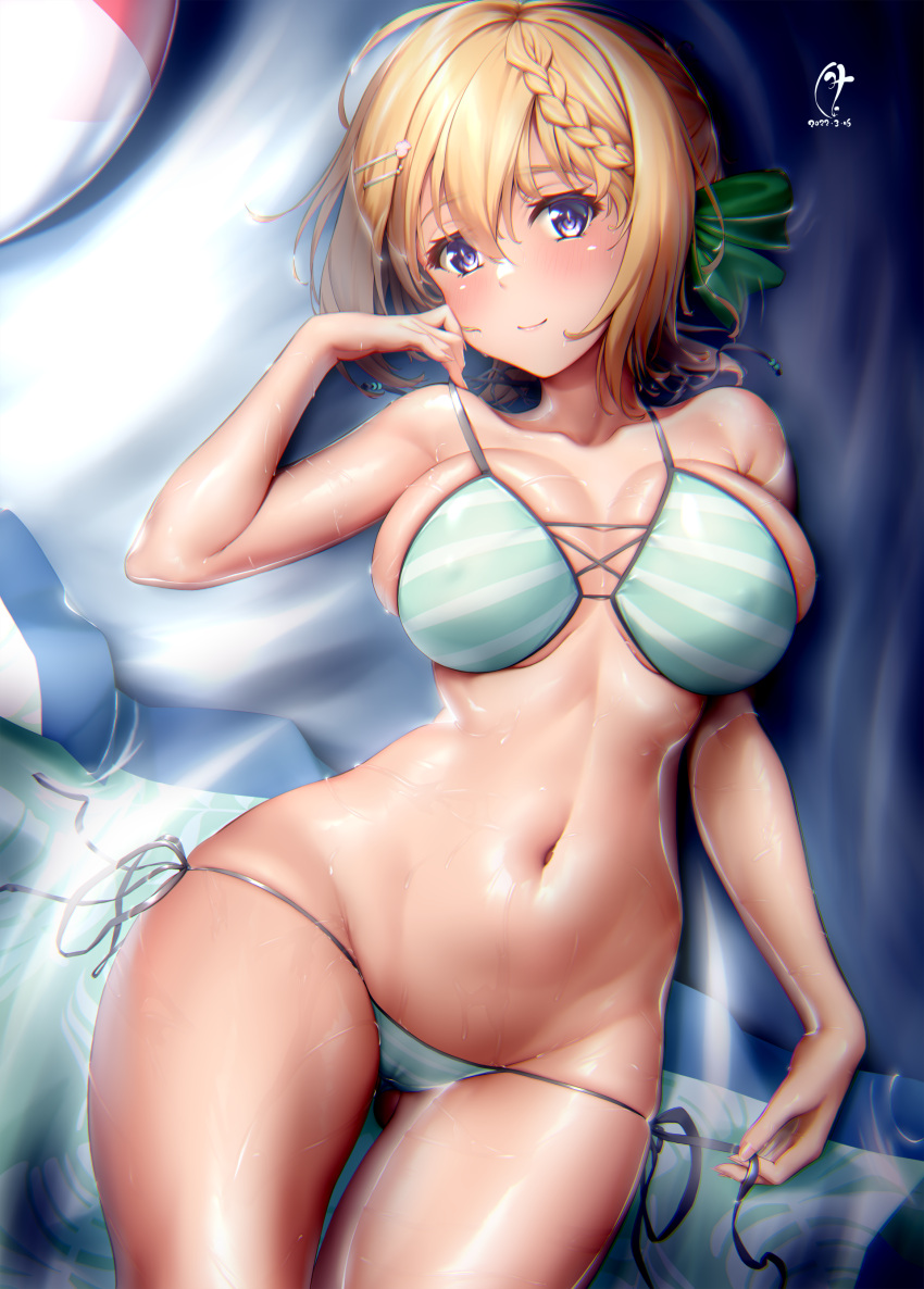 absurdres ball beach_towel beachball bikini blonde_hair blush braid braided_bangs breasts cameltoe closed_mouth covered_nipples dated etsunami_kumita female green_ribbons hair_between_eyes hair_ornament hair_ribbon hairclip highres kantai_collection large_breasts looking_at_viewer lying mixed-language_commentary on_back perth_(kancolle) perth_(swimsuit_mode)_(kancolle) purple_eyes ribbon shiny_skin side-tie_bikini_bottom signature solo striped_bikini striped_clothes sweat swimsuit towel