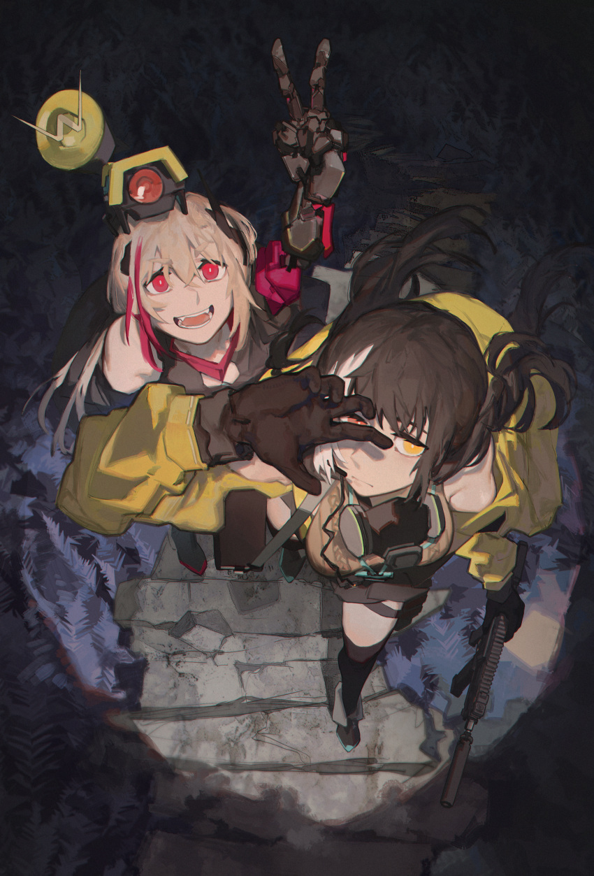 2girls absurdres assault_rifle banana_(girls'_frontline) bbsinday black_gloves black_hair blonde_hair breasts colt_9mm_smg from_above girls'_frontline gloves gun heterochromia highres holding holding_gun holding_weapon jacket large_breasts long_sleeves m4_sopmod_ii_(girls'_frontline) m4_sopmod_ii_(mod3)_(girls'_frontline) mask mechanical_arms multicolored_hair multiple_girls non-humanoid_robot red_eyes red_hair respirator rifle ro635_(girls'_frontline) ro635_(mod3)_(girls'_frontline) robot single_mechanical_arm streaked_hair v weapon white_hair yellow_eyes yellow_jacket