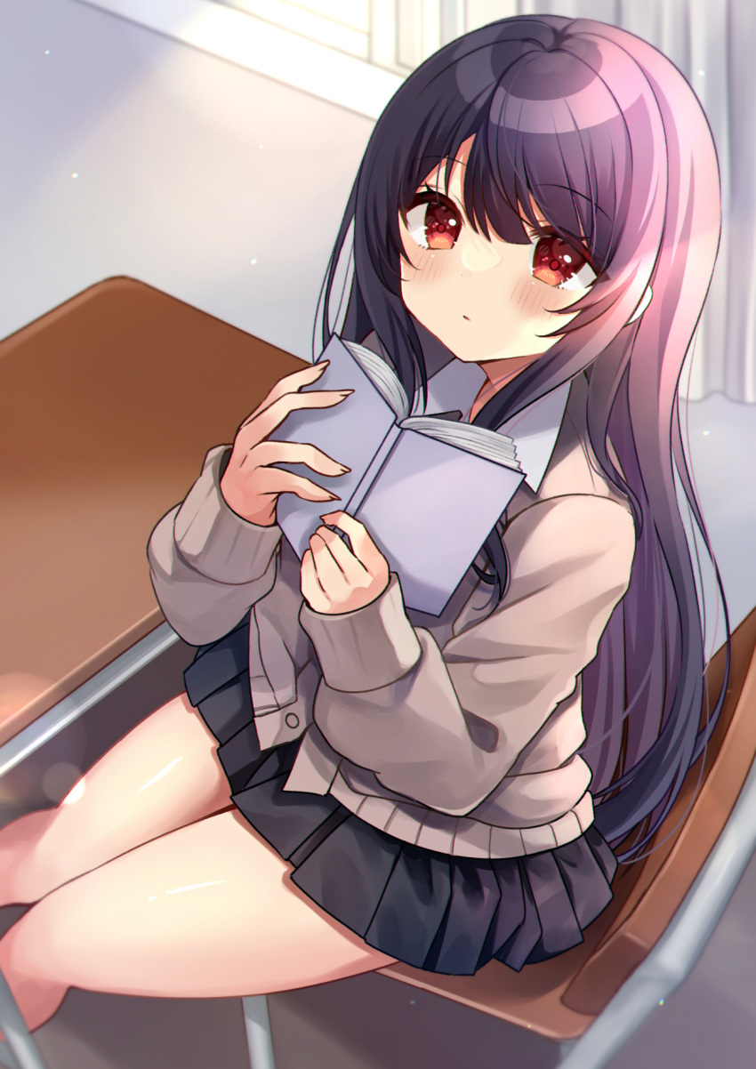 black_hair black_skirt blush book brown_cardigan cardigan chair closed_mouth collared_shirt commentary_request desk female highres holding holding_book indoors long_hair looking_at_viewer minami_saki original pleated_skirt purple_hair red_eyes school_chair school_desk school_uniform shirt sitting skirt solo sunlight thighs uniform white_shirt window