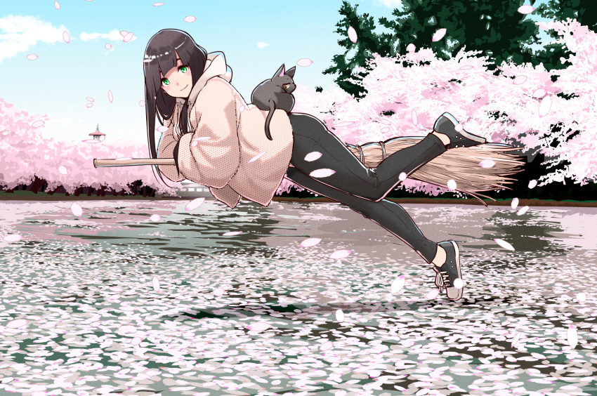 absurdres black_hair black_pants blunt_bangs blush broom broom_riding cherry_blossoms chito_(flying_witch) commentary_request denim feline female floating flying_witch green_eyes highres hood hooded_jacket ishizuka_chihiro jacket jeans kowata_makoto landscape long_hair looking_at_viewer lying on_stomach outdoors pants petals shoes smile sneakers solo spring_(season) straight_hair