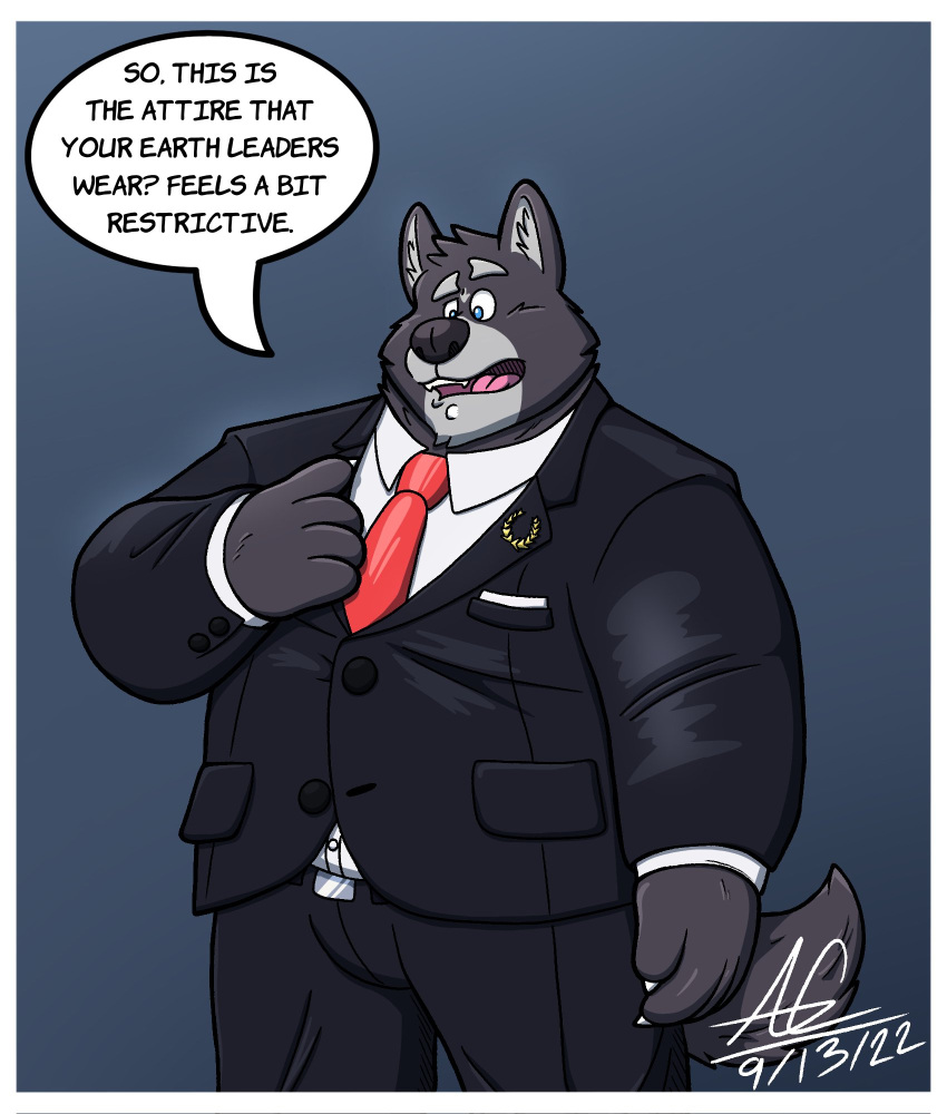 adastra adastra_(series) amicus_(adastra) anthro black_nose blue_eyes business_attire business_suit businesswear canid canine canis clothing collared_shirt dialogue echo_project english_text facial_piercing hesitant hi_res labret_piercing lip_piercing male mammal marshmallowpupy necktie overweight overweight_anthro overweight_male piercing pin_accessory signature simple_background solo speech_bubble suit text tight_clothing wolf