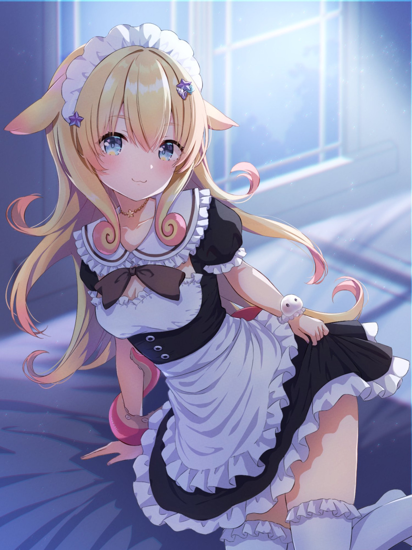 :3 apron black_bow black_bowtie black_dress blonde_hair blue_eyes bow bowtie bracelet breasts choker clothes_lift collarbone colored_tips commission curly_hair dress dress_lift female frilled_apron frilled_dress frilled_sailor_collar frilled_thighhighs frills hair_ornament highres idol_corp jewelry long_hair maid maid_headdress momo_otako monster_girl multicolored_hair pink_hair sailor_collar scylla second-party_source shell_hair_ornament solo star_(symbol) star_choker star_hair_ornament tentacle thighhighs two-tone_dress uni_(maru231) virtual_youtuber waist_apron white_sailor_collar white_thighhighs window