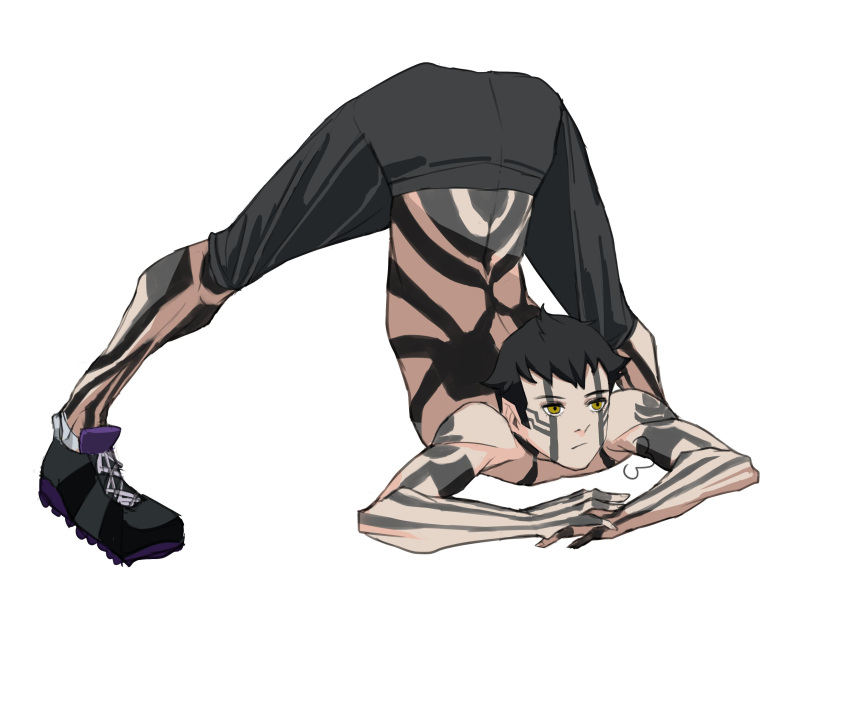 1boy absurdres ass black_hair commentary demi-fiend flexible full-body_tattoo full_body highres jack-o'_challenge looking_at_viewer male_focus meme mochigana shin_megami_tensei shin_megami_tensei_iii:_nocturne short_hair simple_background solo spread_legs tattoo top-down_bottom-up topless_male white_background yellow_eyes