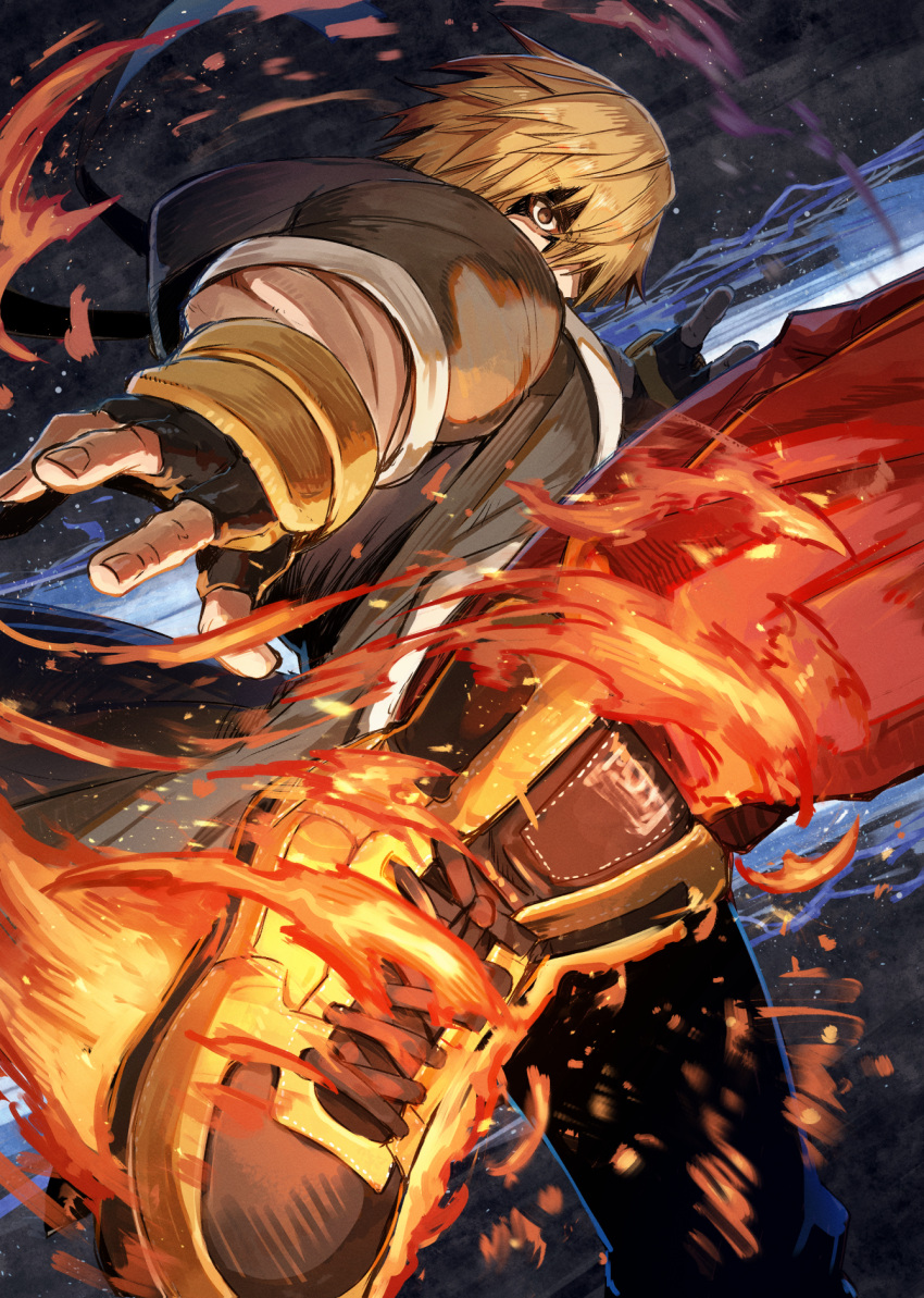 1boy blonde_hair boots brown_eyes brown_jacket fingerless_gloves fire glaring gloves hair_over_one_eye highres incoming_kick jacket ken_masters kicking kuroi_susumu looking_at_viewer male_focus muscular muscular_male pants red_pants shaded_face solo street_fighter street_fighter_6 yellow_footwear