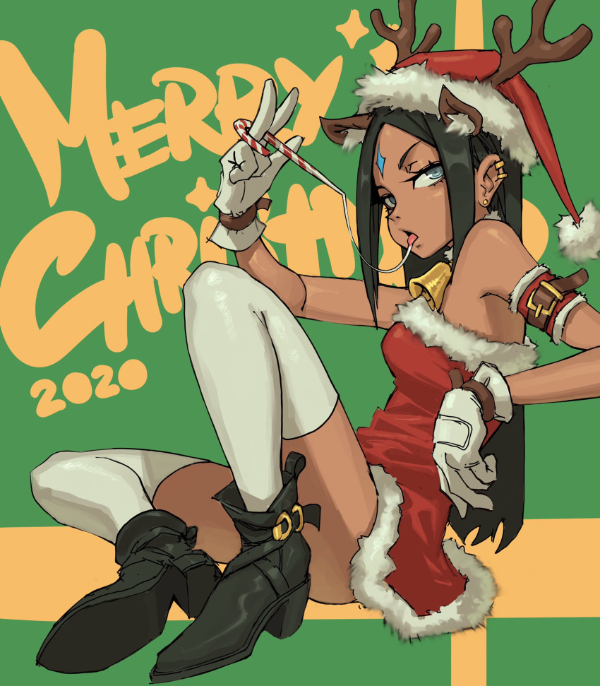 animal_ear_fluff animal_ears antlers aqua_eyes arm_belt armband bad_id bad_twitter_id bare_shoulders bell black_footwear black_hair boots candy candy_cane christmas collar commentary convenient_leg dark-skinned_female dark_skin dated dress ear_piercing earrings edpan english_commentary facial_mark fake_animal_ears female food forehead_mark fur-trimmed_collar fur-trimmed_dress fur-trimmed_headwear fur_trim gloves green_background half-closed_eyes hat high_heel_boots high_heels highres horns jewelry long_hair looking_at_viewer merry_christmas neck_bell original parted_bangs piercing reindeer_antlers rima_(edpan) saliva saliva_trail santa_hat short_dress sidelocks sitting solo strapless stud_earrings thighhighs tongue tongue_out v-shaped_eyebrows very_long_hair white_gloves white_thighhighs