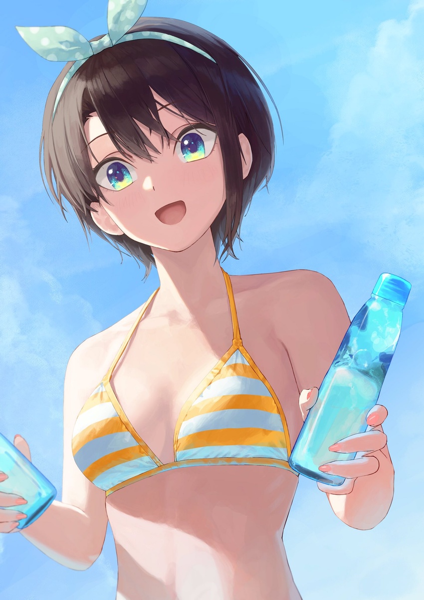 alternate_costume aqua_eyes bikini blue_eyes bottle bow_hairband breasts brown_hair commentary female hair_ribbon hairband highres hololive makimaki_makky7 medium_breasts official_alternate_costume official_alternate_hairstyle oozora_subaru oozora_subaru_(hololive_summer_2019) open_mouth ribbon short_hair solo striped_bikini striped_clothes swimsuit two-tone_bikini virtual_youtuber water_bottle yellow_bikini