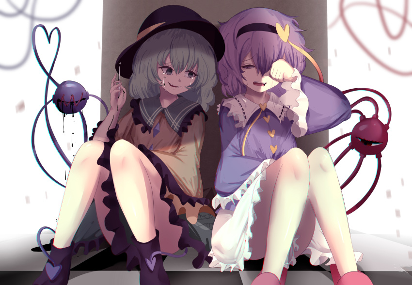 2girls ankle_boots bad_id bad_pixiv_id black_blood black_footwear black_headwear blood blue_shirt boots checkered_floor commentary crying crying_with_eyes_open empty_eyes english_commentary frilled_shirt_collar frilled_skirt frilled_sleeves frills green_eyes green_hair green_skirt grey_background hair_ornament hairband hand_on_lap hand_over_eye hat heart heart_hair_ornament heart_of_string highres holding holding_needle komeiji_koishi komeiji_satori looking_at_another multiple_girls needle on_floor parted_lips petticoat pink_footwear pink_hair pink_skirt purple_eyes purple_hair rubbing_eyes sana!rpg sewing_needle shirt short_hair siblings side-by-side sisters sitting skirt slippers stitches tears third_eye touhou two-tone_background white_background yellow_shirt