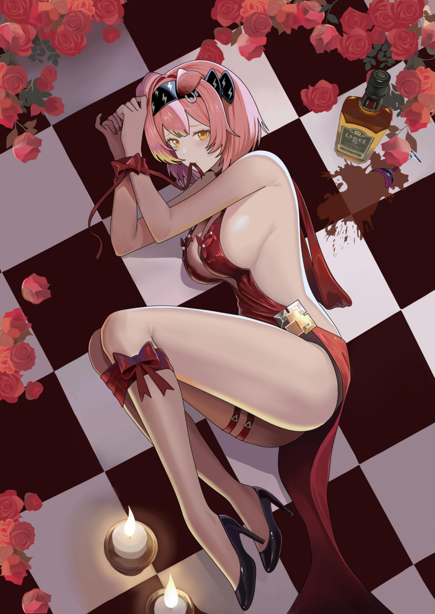 absurdres alcohol arknights black_hairband bound bound_wrists breasts broken_glass candle checkered_floor dress female flower glass goldenglow_(arknights) hairband high_heels highres large_breasts lying no_tail on_side pink_hair red_dress red_flower red_nails red_ribbon red_rose ribbon ribbon_bondage rose shibanme_tekikumo whiskey yellow_eyes