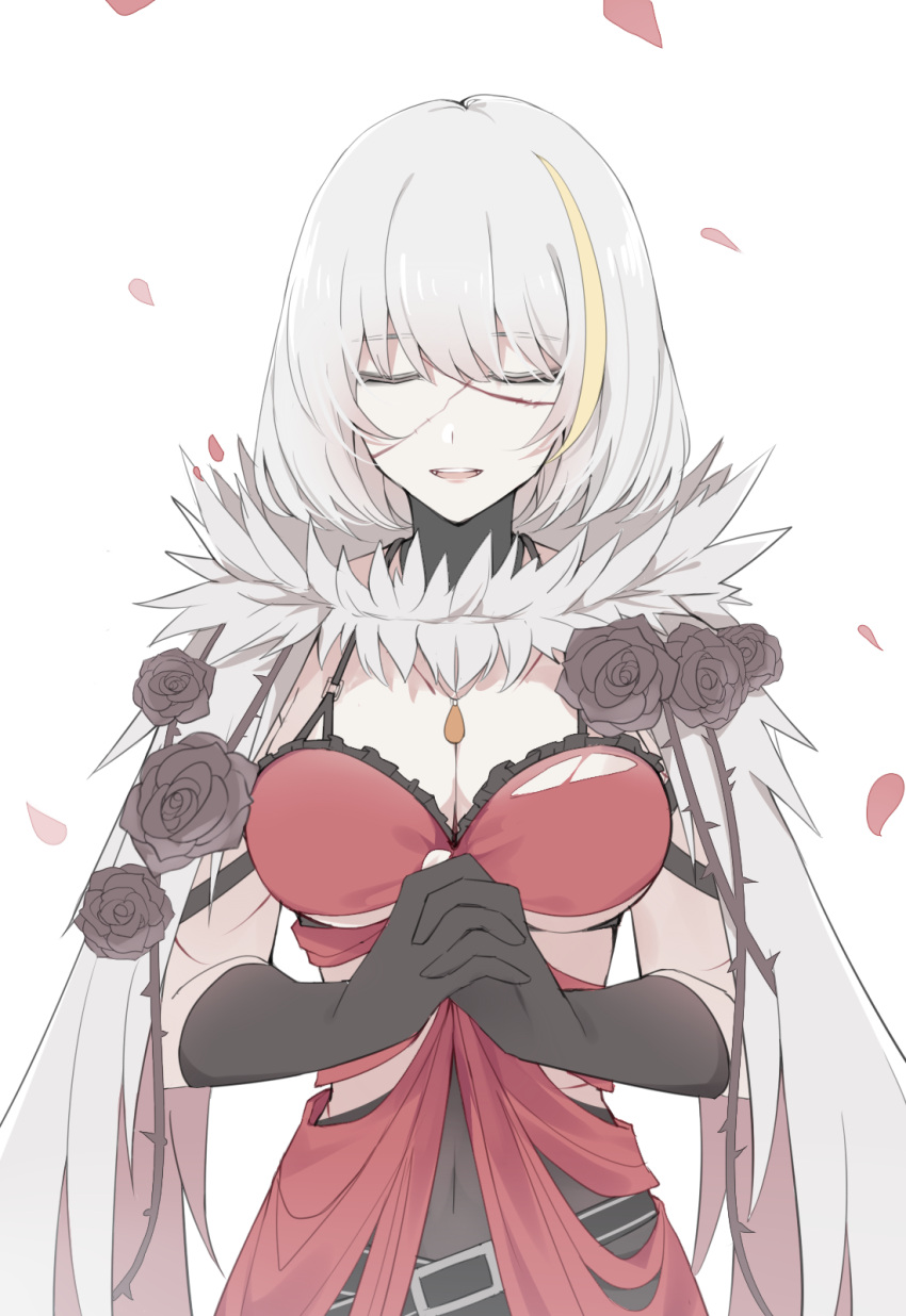 black_flower black_gloves black_rose breasts cape chemise chinese_commentary cleavage code_vein commentary covered_navel dress eva_roux falling_petals female flower fur-trimmed_cape fur_trim gloves guda_(15193248) highres jewelry large_breasts multicolored_hair necklace open_mouth own_hands_clasped own_hands_together petals praying red_dress rose scar scar_on_arm scar_on_face short_hair simple_background solo streaked_hair thorns upper_body white_background white_cape white_hair