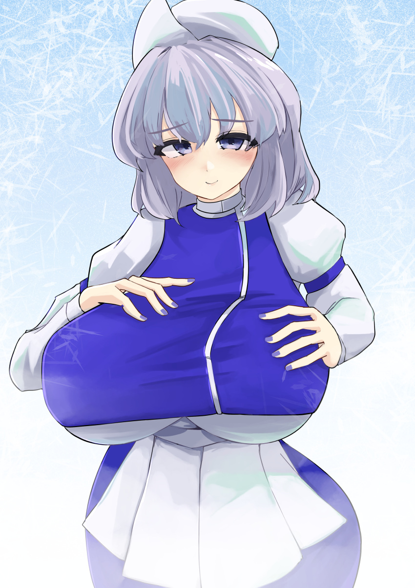 absurdres apron blue_background blue_nails blush breasts closed_mouth commentary female gradient_background grey_eyes grey_hair hands_on_own_chest hat highres huge_breasts juliet_sleeves letty_whiterock long_sleeves looking_at_viewer puffy_sleeves shinonome_zakuro short_hair smile solo touhou white_apron white_hat yuki_onna