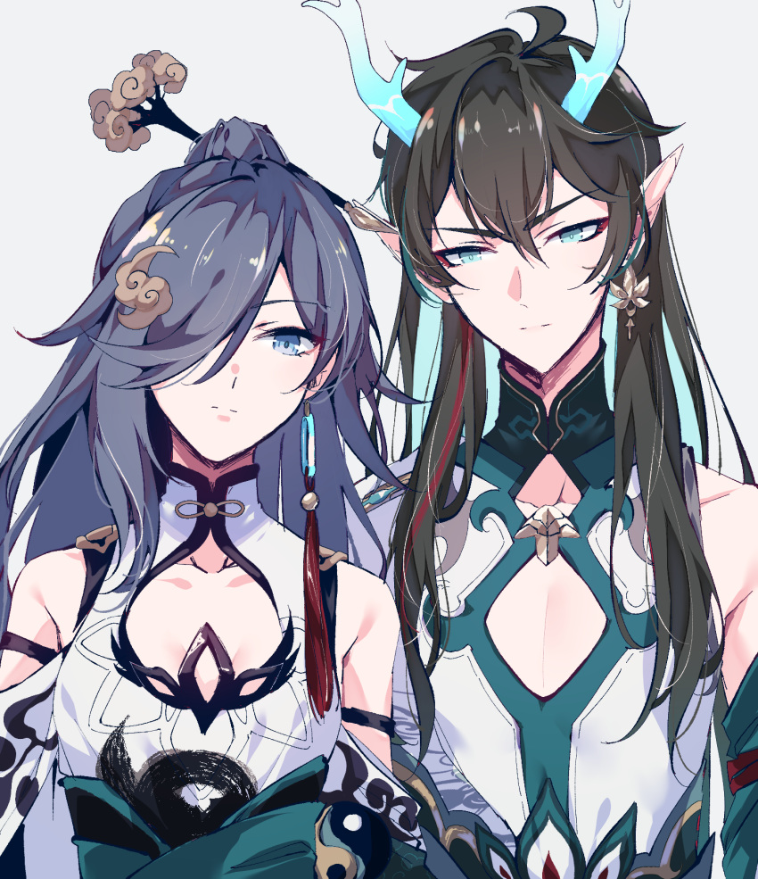 1boy aer007580 bare_shoulders black_hair blue_eyes breasts china_dress chinese_clothes cleavage_cutout clothing_cutout company_connection dan_heng_(honkai:_star_rail) dan_heng_(imbibitor_lunae)_(honkai:_star_rail) dragon_horns dress earrings female fu_hua fu_hua_(azure_empyrea) green_eyes grey_hair hair_ornament hair_over_one_eye hair_stick highres honkai:_star_rail honkai_(series) honkai_impact_3rd horns jewelry long_hair looking_at_viewer multicolored_hair parted_lips pectoral_cleavage pectorals pointy_ears ponytail red_hair simple_background small_breasts spoilers streaked_hair tassel tassel_earrings two-tone_hair white_background