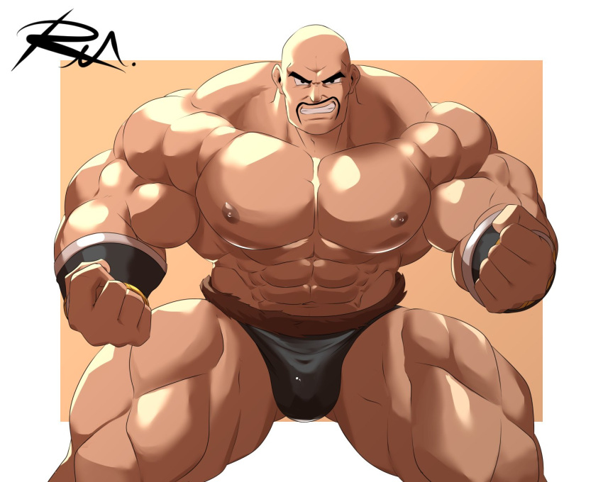 1boy abs bald bara briefs clenched_hands commentary dragon_ball dragon_ball_z english_commentary facial_hair grin highres large_pectorals male_focus male_underwear moustache muscular muscular_male nappa navel nipples pectorals reclamon signature simple_background smile solo tail_around_waist thick_thighs thighs topless_male underwear underwear_only