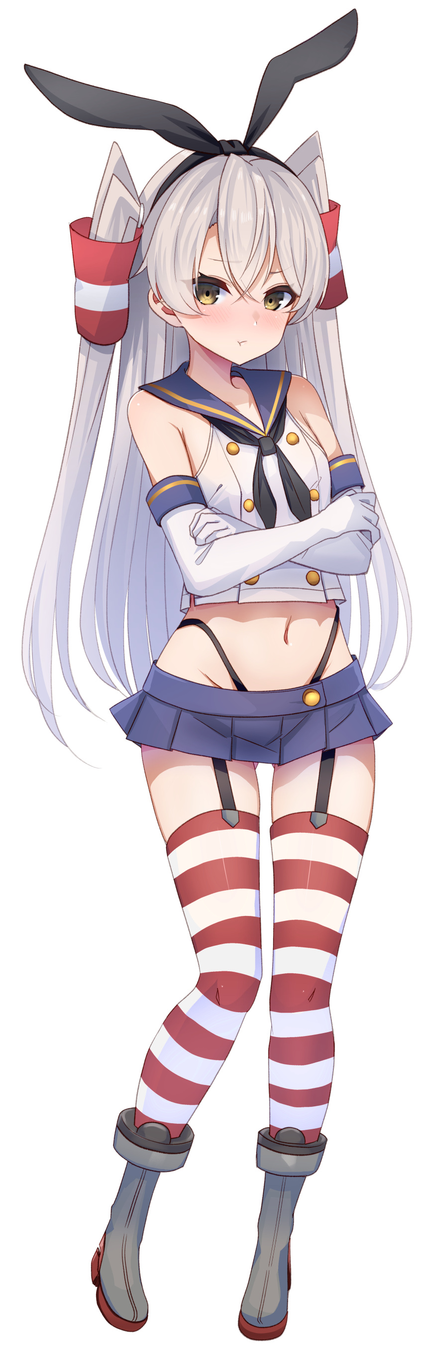 absurdres amatsukaze_(kancolle) black_hairband black_neckerchief black_panties blue_sailor_collar blue_skirt brown_eyes commission cosplay elbow_gloves female gloves grey_hair hair_tubes hairband highleg highleg_panties highres horizontal-striped_thighhighs kantai_collection long_hair microskirt neckerchief panties pixiv_commission pleated_skirt rudder_footwear sailor_collar shimakaze_(kancolle) shimakaze_(kancolle)_(cosplay) skirt solo striped_clothes striped_thighhighs thighhighs thong toketa-sekai two_side_up underwear very_long_hair white_gloves