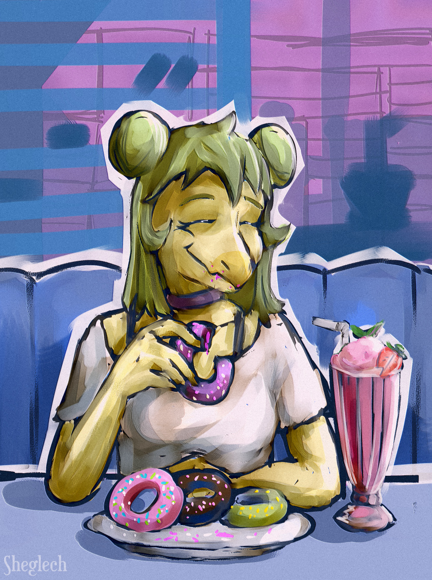 absurd_res anthro arms_bent artist_name beverage biped breasts choker closed_eyes clothed clothed_anthro clothed_female clothing colored dessert detailed_background diner dinosaur doughnut drinking_straw eating elbow_on_table eyebrows female first_person_view food front_view fruit furniture goodbye_volcano_high green_body green_hair green_scales hair hair_buns happy hi_res inside jewelry long_hair milkshake necklace non-mammal_breasts ornithischian pastry plant plate prehistoric_species reptile restaurant scales scalie sheglech shirt sitting smile solo stegosaurian stegosaurus stella_(gvh_beta) strawberry t-shirt table thyreophoran topwear white_clothing white_shirt white_t-shirt white_topwear