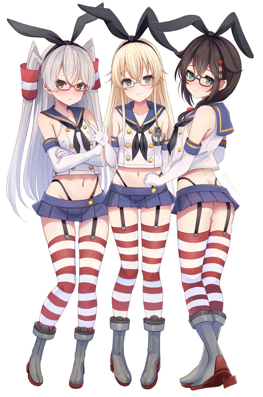 3girls absurdres ahoge amatsukaze_(kancolle) aqua_eyes ass bespectacled black-framed_eyewear black_hair black_hairband black_neckerchief black_panties blue_sailor_collar blue_skirt braid brown_eyes commission cosplay elbow_gloves glasses gloves grey-framed_eyewear grey_hair hair_between_eyes hair_flaps hair_ornament hair_over_shoulder hair_tubes hairband highleg highleg_panties highres horizontal-striped_thighhighs kantai_collection long_hair microskirt multiple_girls neckerchief panties pixiv_commission pleated_skirt red-framed_eyewear rudder_footwear sailor_collar shigure_(kancolle) shigure_kai_ni_(kancolle) shimakaze_(kancolle) shimakaze_(kancolle)_(cosplay) single_braid skirt striped_clothes striped_thighhighs thighhighs thong toketa-sekai two_side_up underwear very_long_hair white_gloves