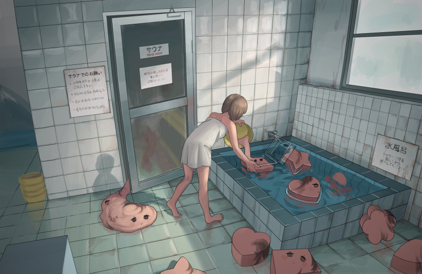 barefoot bath bathhouse body_horror brown_hair bucket door female highres holding holding_bucket indoors melting mold_(casting) naked_towel original pouring reflection shadow sign surreal tensen_(dotted_line) tile_floor tile_wall tiles towel translation_request water wide_shot