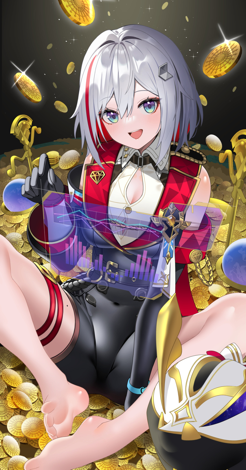 arm_behind_back arrow_hair_ornament barefoot black_gloves breasts cleavage coin covered_navel female gloves grey_hair hair_between_eyes hand_up highres honkai:_star_rail honkai_(series) long_sleeves looking_at_viewer multicolored_hair numby_(honkai:_star_rail) open_mouth red_hair short_hair sitting smile solo streaked_hair teeth topaz_(honkai:_star_rail) trotter_(honkai:_star_rail) upper_teeth_only yuujin_(yuzinn333)