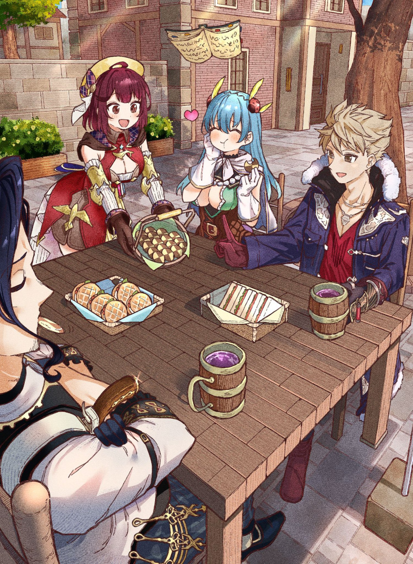 2boys 2girls :d arched_back atelier_(series) atelier_sophie beret blue_hair blush book breasts brown_eyes brown_hair building bush capelet checkerboard_cookie cleavage cleavage_cutout closed_eyes clothing_cutout collared_jacket commentary cookie crossed_arms cup dot_nose double-parted_bangs dress eating floating floating_book floating_object food fur-trimmed_jacket fur_trim gloves hand_on_own_face hand_up harol_simens hat heart highres holding holding_cup index_finger_raised jacket jewelry ladybug_hair_ornament leon_(atelier) logix_ficsario long_hair long_sleeves medium_breasts multicolored_clothes multicolored_dress multiple_boys multiple_girls necklace official_alternate_costume on_chair open_book open_clothes open_jacket open_mouth outdoors pavement red_dress red_gloves sandwich shirt short_hair short_sleeves sitting smile sophie_neuenmuller sophie_neuenmuller_(grandma's_clothes) standing table tankard tree very_short_hair waffle white_capelet white_gloves white_shirt window wispy_bangs wooden_chair wooden_table yellow_dress yellow_hat yurai0739