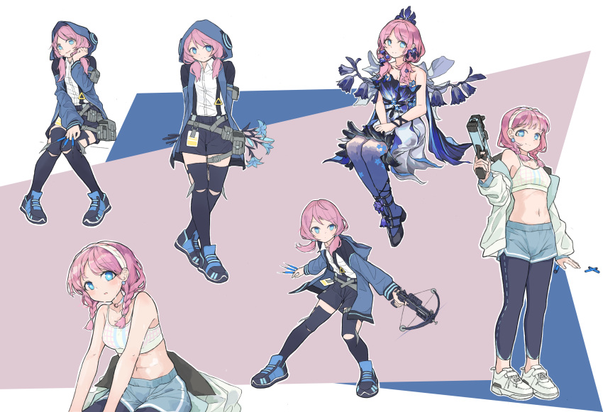 absurdres arknights bare_arms bare_shoulders black_footwear black_pants black_shorts black_thighhighs blue_dress blue_eyes blue_footwear blue_jacket blue_poison_(arknights) blue_poison_(nocturne_of_elysia)_(arknights) blue_poison_(shoal_beat)_(arknights) blue_shorts commentary crop_top crossbow dcy11011 dress earrings female gun hairband highres holding holding_crossbow holding_dart holding_gun holding_weapon hood hooded_jacket jacket jewelry leggings long_sleeves low_twintails midriff multiple_views official_alternate_costume open_clothes open_jacket pants pink_hair shirt shoes shorts sneakers sports_bra stomach strapless strapless_dress thighhighs twintails weapon white_footwear white_shirt