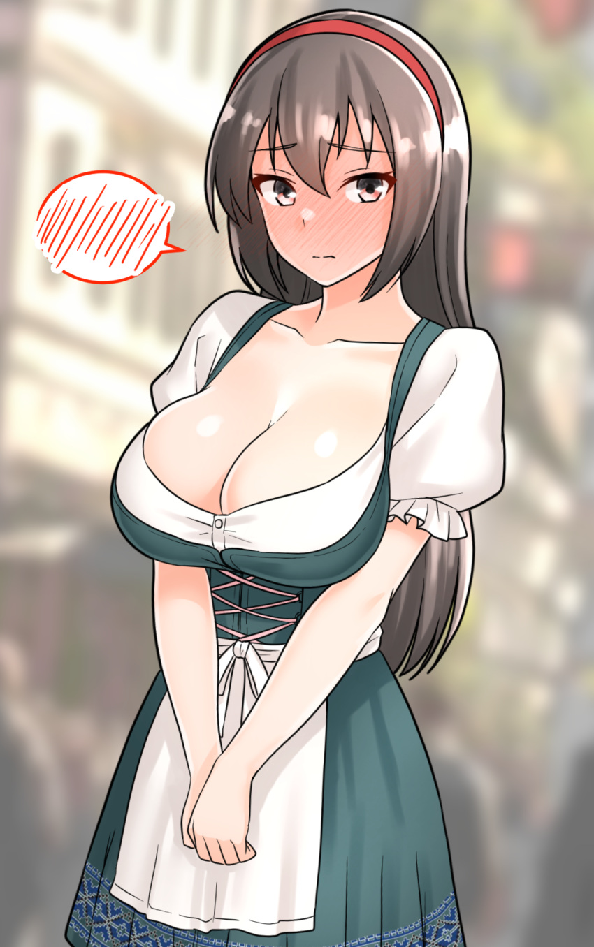 alternate_costume apron barmaid black_hair blurry blurry_background blush bodice breasts brown_eyes cleavage dirndl embarrassed female full-face_blush furaggu_(frag_0416) german_clothes hair_between_eyes hairband highres kantai_collection large_breasts long_hair looking_at_viewer nagato_(kancolle) oktoberfest red_hairband solo speech_bubble spoken_blush underbust very_long_hair virtual_youtuber waist_apron