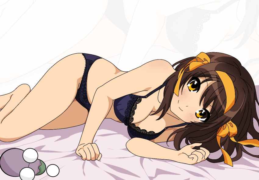 artist_self-insert bed black_bra black_panties bra breasts brown_eyes brown_hair cleavage eggplant english_commentary feet_out_of_frame female hairband looking_at_viewer lying medium_breasts on_side orange_hairband panties suzumiya_haruhi suzumiya_haruhi_no_yuuutsu underwater underwear yuiyu_ki zoom_layer