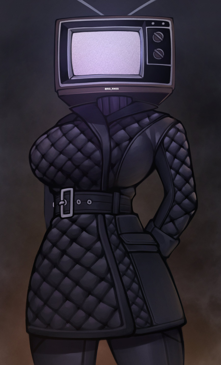 2023 absurdres black_gloves breasts camera female gloves hands_in_pockets highres large_breasts necktie object_head roadi3 robot robot_girl rule_63 security_camera security_guard skibidi_toilet_(series) skindentation solo tagme tv_woman_(skibidi_toilet)