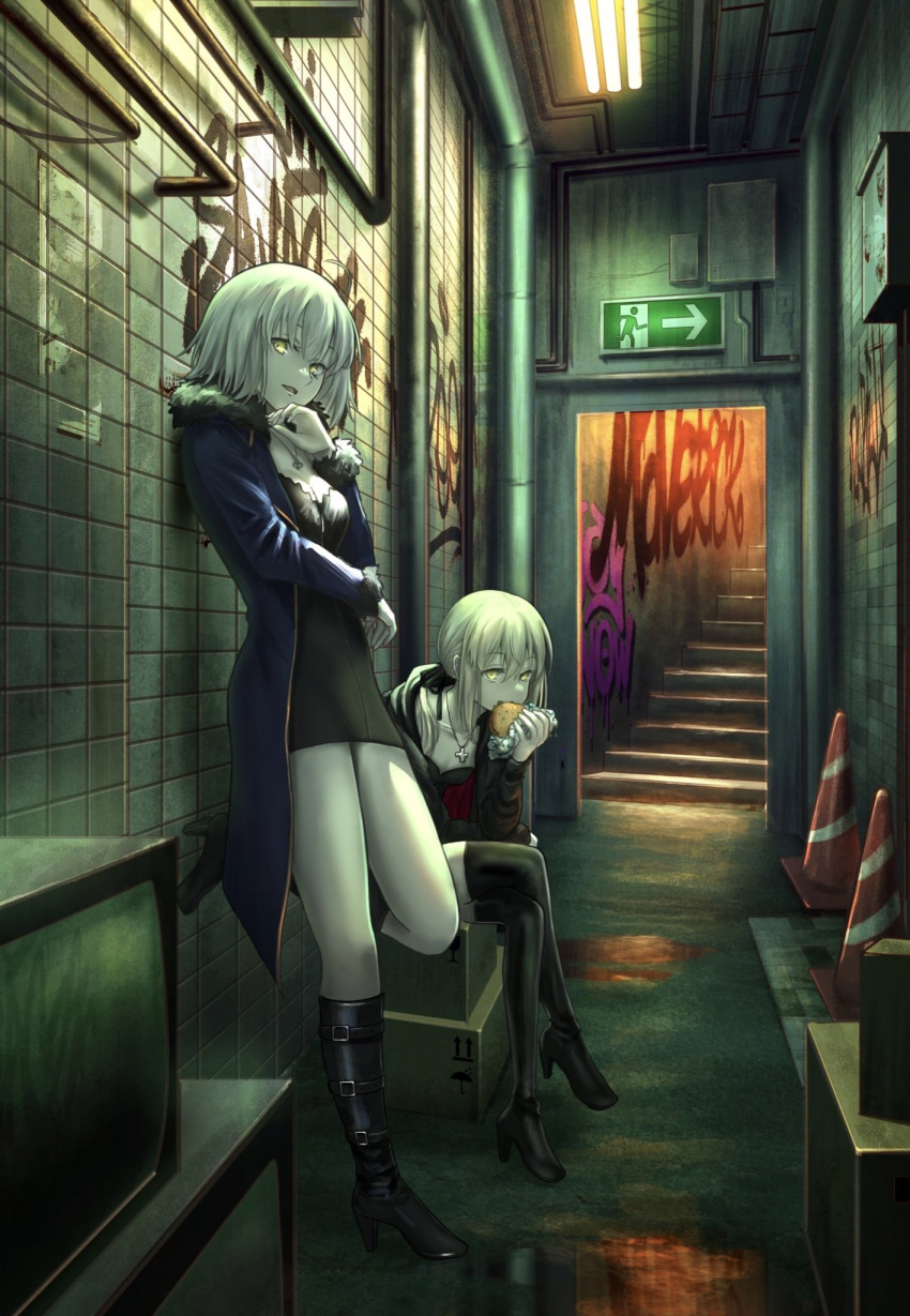 2girls ahoge artoria_pendragon_(fate) asagi_futsuka black_camisole black_dress black_footwear black_ribbon black_shorts blonde_hair blue_coat boots box breasts burger camisole ceiling_light cleavage coat commentary_request cross cross_necklace crossed_legs doorway dress eating fate/grand_order fate_(series) food food_wrapper fur-trimmed_coat fur-trimmed_sleeves fur_trim graffiti grey_hair hand_on_own_chin high_heel_boots high_heels highres jeanne_d'arc_alter_(fate) jeanne_d'arc_alter_(ver._shinjuku_1999)_(fate) jewelry large_breasts leaning_back long_hair low_ponytail multiple_girls necklace official_alternate_costume open_clothes open_coat ribbon saber_alter saber_alter_(ver._shinjuku_1999)_(fate) short_dress short_hair shorts sitting stairs standing television thigh_boots tile_wall tiles traffic_cone yellow_eyes