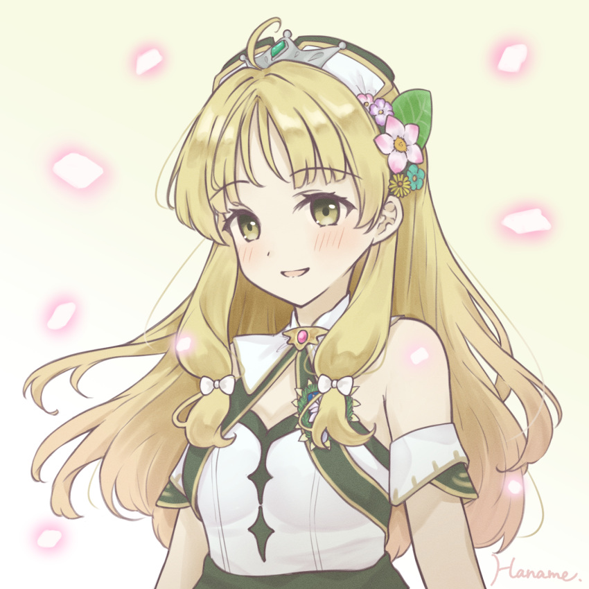 :d ahoge artist_name atelier_(series) atelier_ayesha atelier_resleriana ayesha_altugle ayesha_altugle_(noble_flower) bare_shoulders blonde_hair brown_eyes female flower glowing hair_flower hair_ornament hanachocolate30 hat highres long_hair looking_at_viewer official_alternate_costume open_mouth petals pink_flower purple_flower smile solo upper_body white_background white_hat