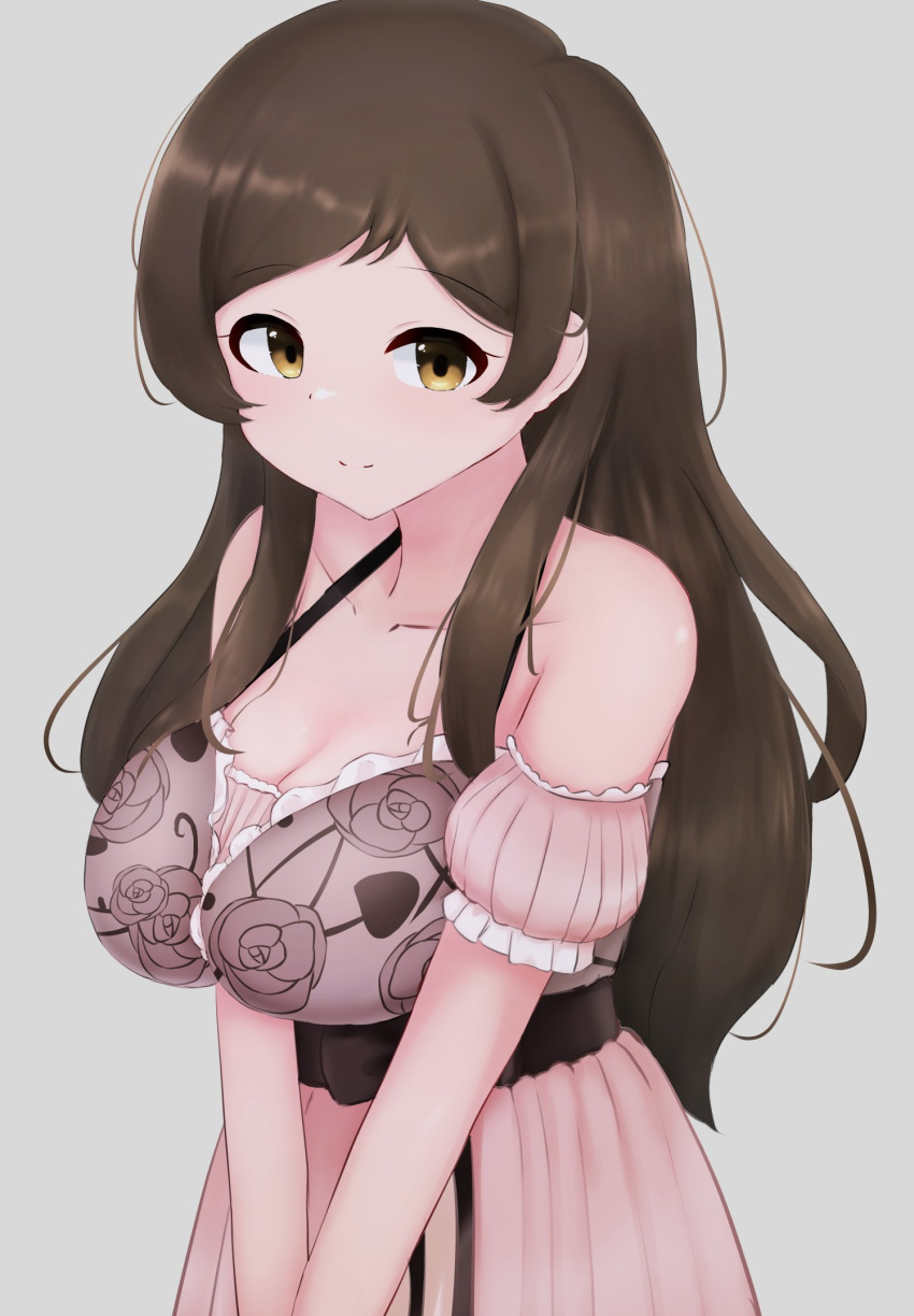 bare_shoulders black_hair breasts cleavage collarbone detached_sleeves dot_nose female floral_print frilled_negligee frills grey_background halterneck highres idolmaster idolmaster_million_live! idolmaster_million_live!_theater_days kitazawa_shiho large_breasts layered_nightgown long_hair looking_at_viewer official_alternate_costume own_hands_together parted_bangs pink_negligee puffy_detached_sleeves puffy_sleeves ribbon-trimmed_sleeves ribbon_trim rose_print sexy_beautiful_(idolmaster) sidelocks simple_background solo straight_hair yamikumo_rindo yellow_eyes