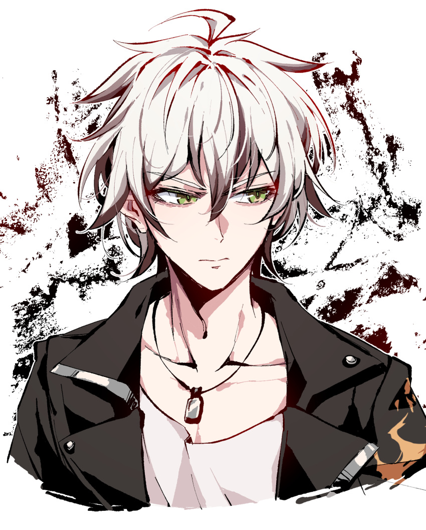 1boy aer007580 black_jacket closed_mouth dog_tags green_eyes highres honkai_(series) honkai_impact_3rd jacket kalpas_(honkai_impact) male_focus no_mask shirt short_hair solo upper_body v-shaped_eyebrows white_background white_hair white_shirt