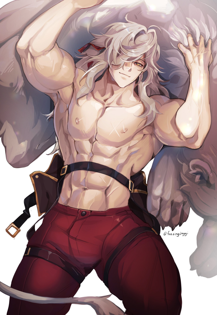 1boy abs absurdres bara bulge cross_scar english_commentary fartingdoggi highres honkai:_star_rail honkai_(series) jing_yuan lion lion_mane lion_tail long_hair looking_at_viewer male_focus mole multiple_scars muscular muscular_male nipples pants pectorals red_pants scar scar_on_chest scar_on_stomach smile tail topless_male twitter_username white_background yellow_eyes