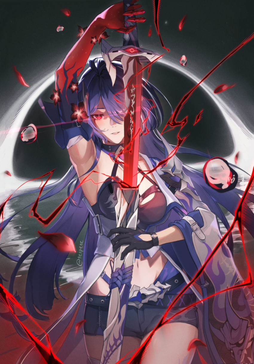 absurdres acheron_(honkai:_star_rail) arm_up armpits black_choker black_shorts breasts choker cleavage coat cowboy_shot detached_sleeves female hair_over_one_eye highres holding holding_sword holding_weapon honkai:_star_rail honkai_(series) large_breasts long_hair long_sleeves long_sword looking_at_viewer navel print_coat purple_hair red_eyes shorts solo sword teipeee weapon