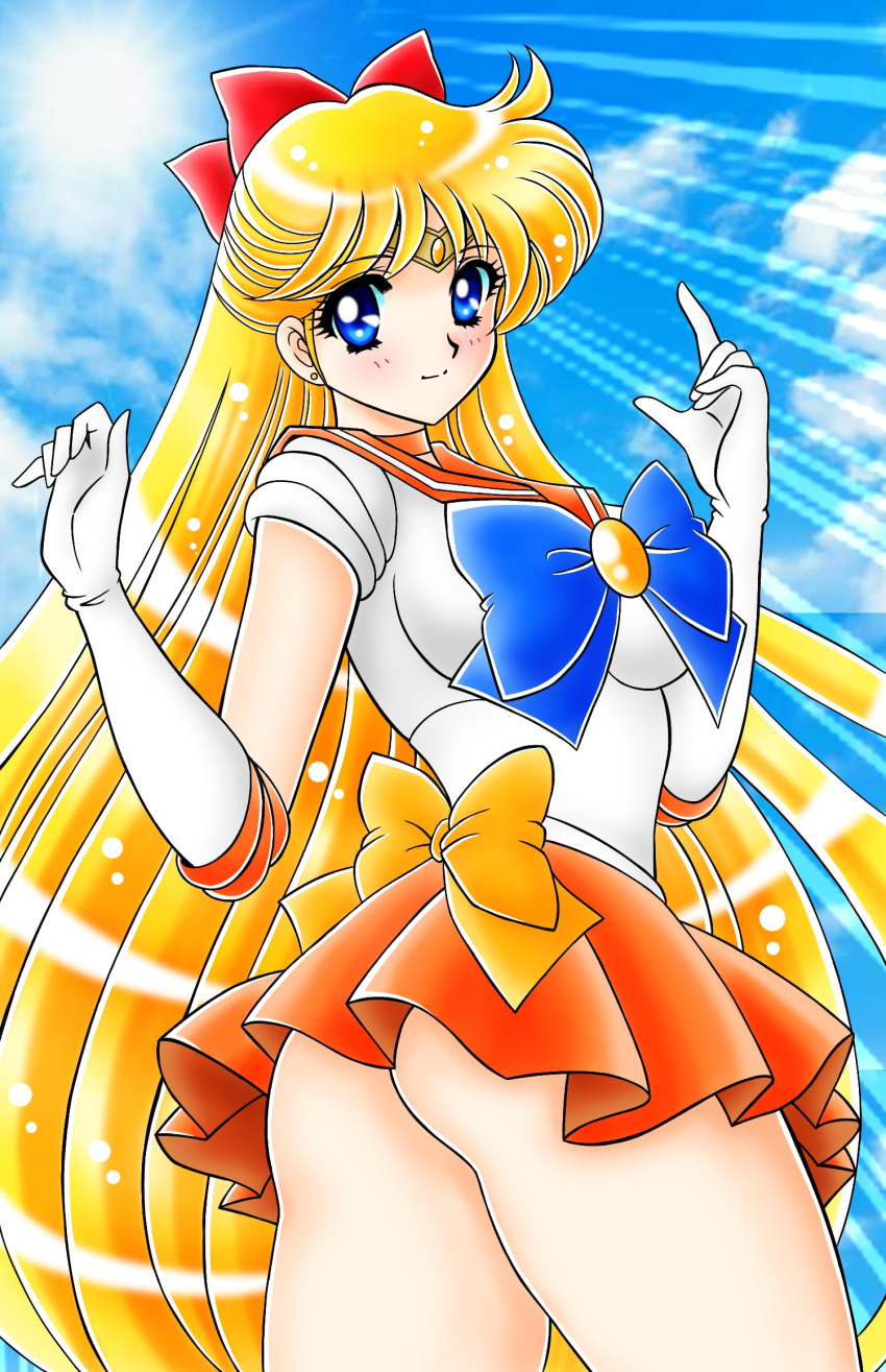 aino_minako back_bow bishoujo_senshi_sailor_moon blonde_hair blue_eyes bottomless bow breasts choker earrings elbow_gloves female gloves highres jewelry long_hair looking_at_viewer magical_girl medium_breasts no_panties orange_sailor_collar orange_skirt sailor_collar sailor_senshi_uniform sailor_venus skirt smile solo tatsumi_kyouhei white_gloves