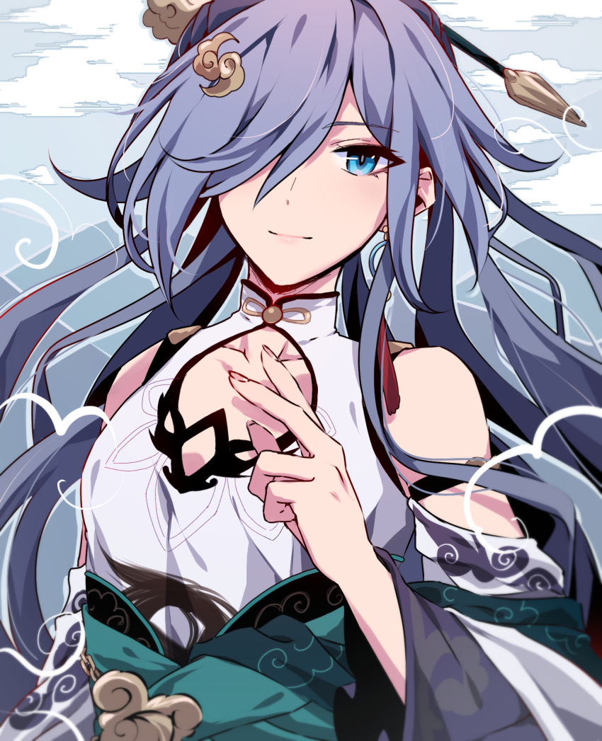 aer007580 bare_shoulders blue_eyes breasts china_dress chinese_clothes detached_sleeves dress female fu_hua fu_hua_(azure_empyrea) grey_hair hair_ornament hair_over_one_eye hair_stick high_ponytail highres honkai_(series) honkai_impact_3rd long_hair small_breasts smile solo upper_body white_dress wide_sleeves