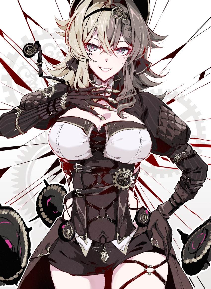 aer007580 black_shorts braid breasts brown_shirt cleavage cowboy_shot crossed_bangs female gears gloves grey_eyes grin hair_between_eyes hair_intakes hair_ornament hand_on_own_chest hand_on_own_hip hat headband highres honkai_(series) honkai_impact_3rd jacket juliet_sleeves large_breasts long_sleeves medium_hair pink_pupils puffy_sleeves shirt short_shorts shorts smile solo standing steampunk teeth vill-v