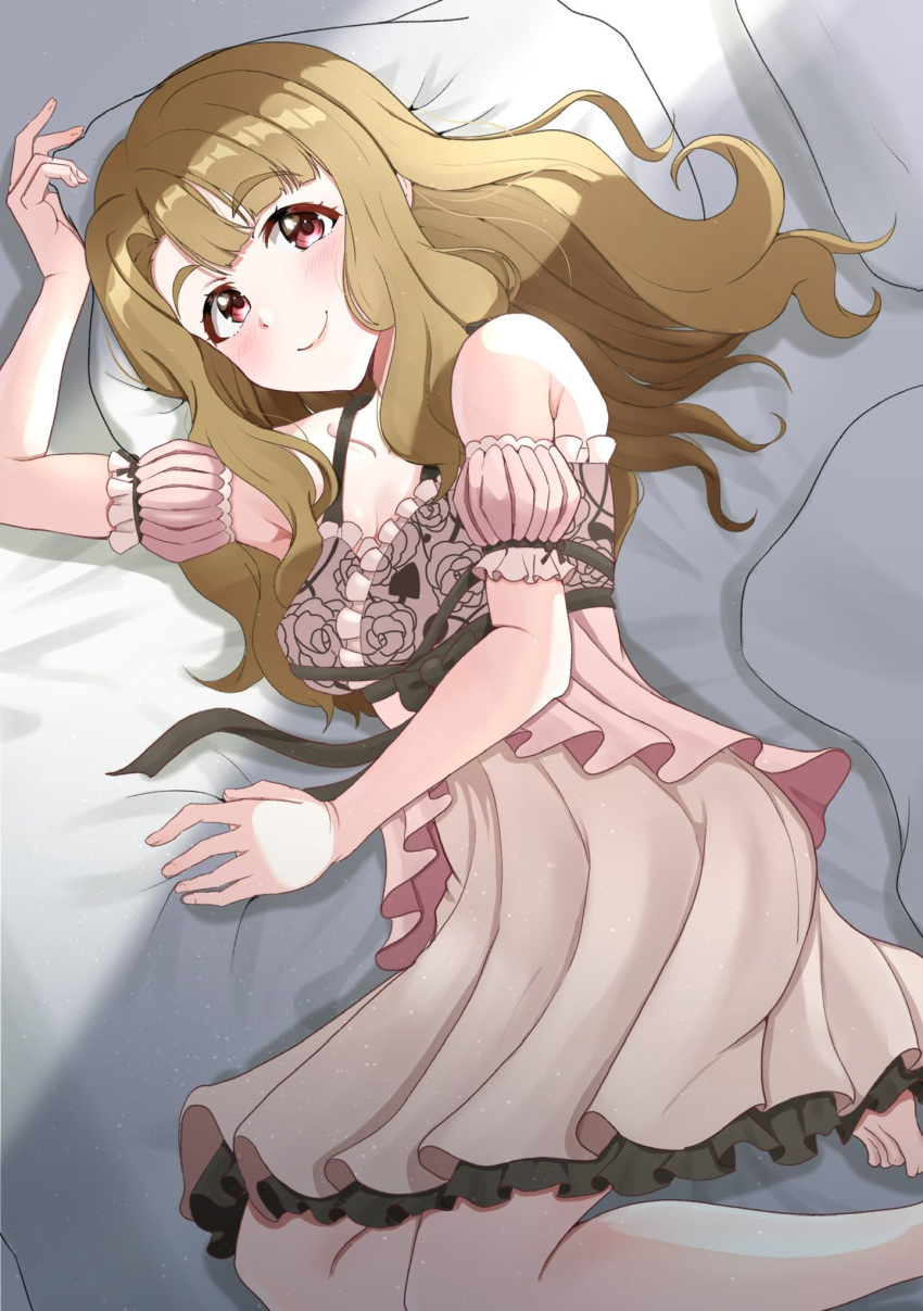 bare_shoulders bed blush breasts brown_hair closed_mouth collarbone detached_sleeves dot_nose eyelashes female floral_print fluffy_hair forehead frilled_negligee frills halterneck highres idolmaster idolmaster_million_live! idolmaster_million_live!_theater_days large_breasts layered_nightgown light_smile long_hair looking_at_viewer lying messy_hair miyao_miya official_alternate_costume on_bed on_side parted_bangs pillow pink_negligee puffy_detached_sleeves puffy_sleeves red_eyes ribbon-trimmed_sleeves ribbon_trim rose_print sexy_beautiful_(idolmaster) sidelocks solo tanukiinu005 wavy_hair