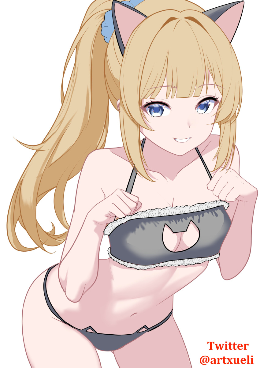 absurdres animal_ears black_panties blonde_hair blue_eyes blue_scrunchie bra female highres karuizawa_kei looking_at_viewer panties ponytail scrunchie simple_background smile solo twitter_username underwear white_background xueli_shimazaki youkoso_jitsuryoku_shijou_shugi_no_kyoushitsu_e