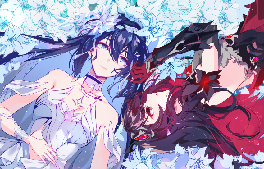 2girls aer007580 black_hair blue_eyes collarbone dress field flower flower_field gloves hair_between_eyes hand_on_own_stomach highres honkai_(series) honkai_impact_3rd long_hair looking_at_another looking_up lying multicolored_hair multiple_girls on_back on_side parted_lips purple_hair red_eyes red_gloves red_hair seele_(alter_ego) seele_vollerei seele_vollerei_(herrscher_of_rebirth) smile streaked_hair two-tone_hair white_dress white_flower