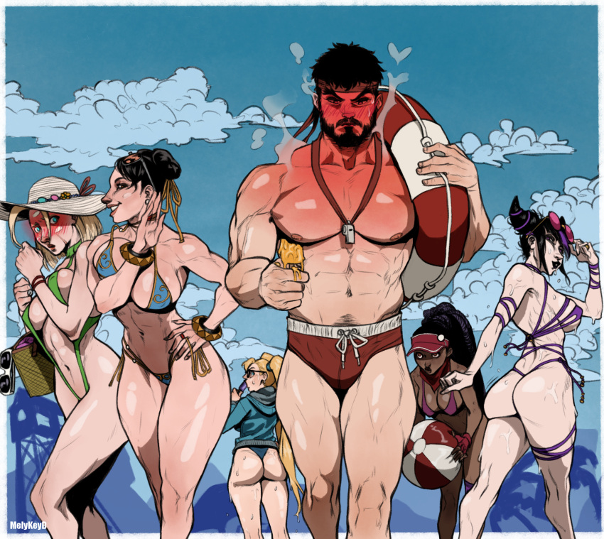 1boy 5girls abs absurdres ass ball beach beachball bikini black_hair blonde_hair blue_bikini blush breasts cammy_white chun-li commentary dark-skinned_female dark_skin embarrassed english_commentary food full-face_blush green_slingshot_swimsuit hair_horns highres holding holding_ball holding_beachball holding_food holding_popsicle juri_han kimberly_jackson large_breasts laughing lifebuoy long_hair male_swimwear medium_breasts mely_key_b multiple_girls muscular muscular_male odd_one_out pale_skin popsicle purple_bikini purple_hair rainbow_mika ryu_(street_fighter) short_hair slingshot_swimsuit street_fighter street_fighter_6 street_fighter_v summer sweat swim_briefs swim_ring swimsuit thong_bikini toned_female twintails unaligned_breasts very_dark_skin very_long_hair walking