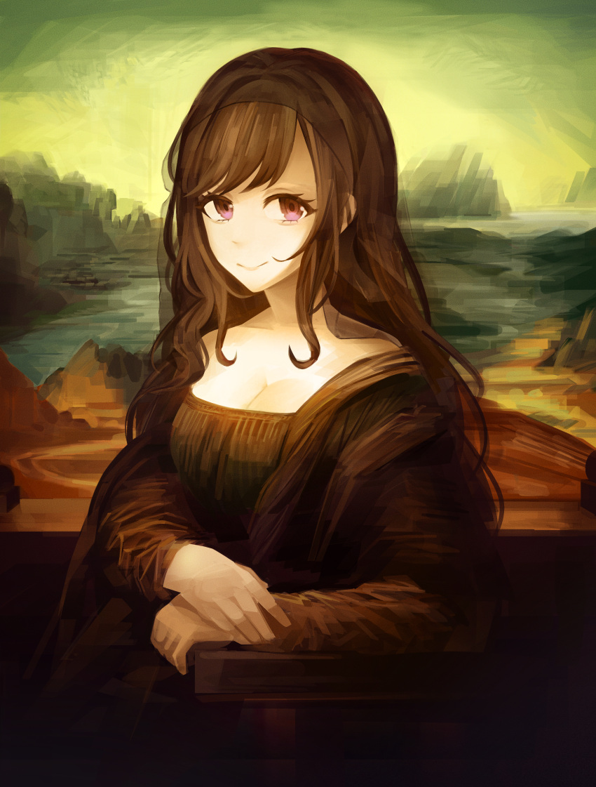 absurdres arm_rest bare_shoulders breasts brown_dress brown_hair cleavage cliff closed_mouth commentary d4dj day dress female fine_art_parody green_sky highres large_breasts long_hair long_sleeves looking_at_viewer mizushima_marika mona_lisa ocean off-shoulder_dress off_shoulder outdoors own_hands_together parody purple_eyes rahthelathe see-through_clothes see-through_veil shawl sidelocks sky smile solo symbol-only_commentary upper_body veil water