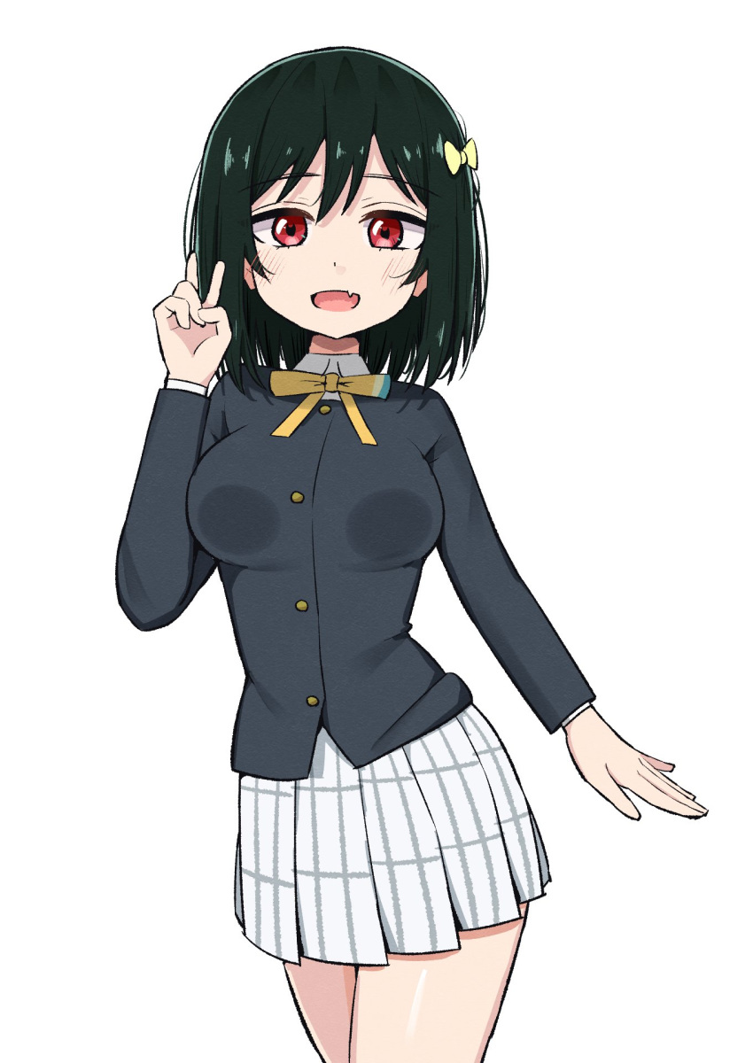 black_jacket blush breasts collared_shirt commentary_request contrapposto cowboy_shot female green_hair hair_between_eyes hair_ribbon hand_up highres jacket kooei long_sleeves looking_at_viewer love_live! love_live!_nijigasaki_high_school_idol_club medium_breasts medium_hair mifune_shioriko miniskirt neck_ribbon nijigasaki_school_uniform oerba_yun_fang open_mouth plaid_clothes plaid_skirt pleated_skirt red_eyes ribbon school_uniform shirt skin_fang skirt solo standing v white_background white_shirt white_skirt winter_uniform yellow_ribbon