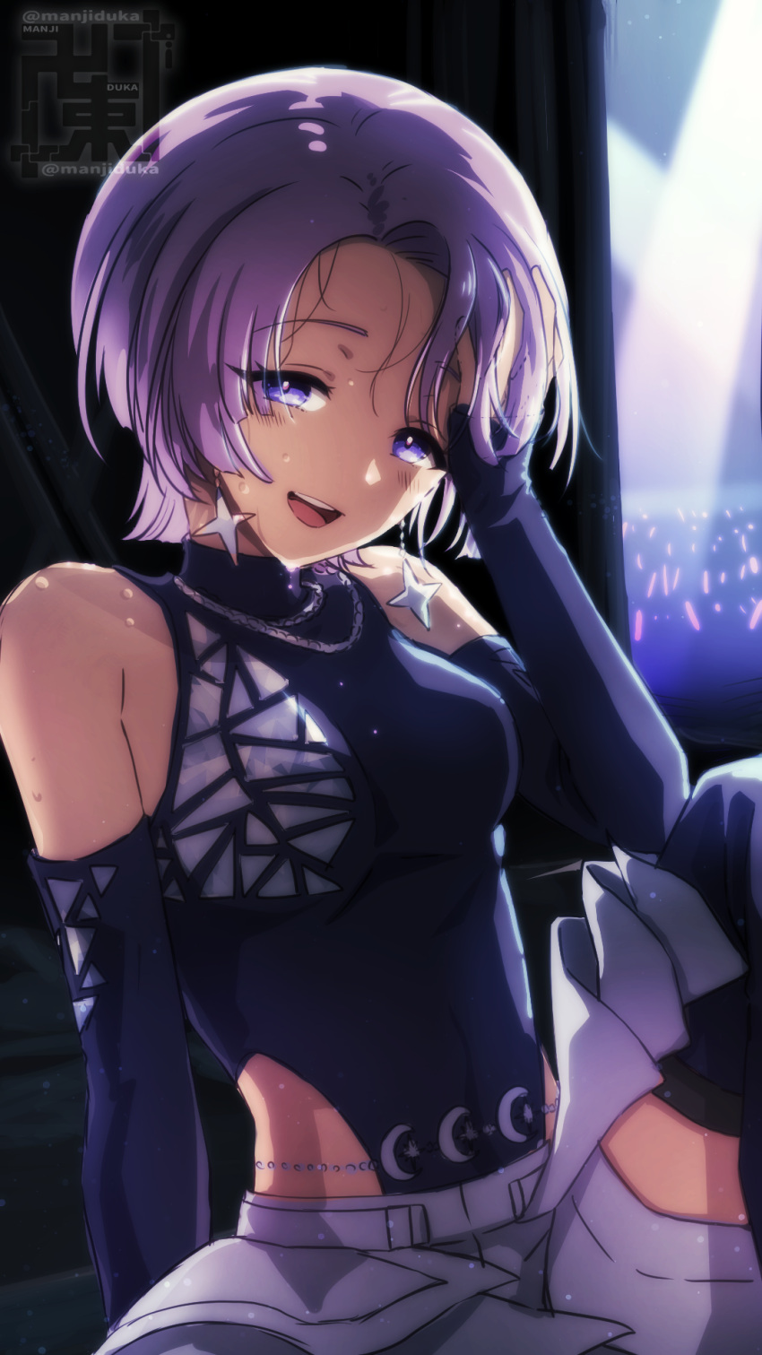 arimura_mao backstage blush breasts detached_sleeves female gakuen_idolmaster glowstick highleg highleg_leotard highres idolmaster knee_up leotard leotard_under_clothes looking_at_viewer manji_taba medium_breasts pink_hair purple_eyes purple_leotard sitting smile solo stage_lights sweat twitter_username