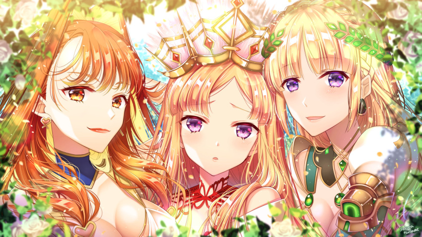 3girls aphrodite_(fate) armor bare_shoulders blonde_hair blush braid breasts cleavage closed_mouth crown crown_braid demeter_(fate) detached_collar dress earrings europa_(fate) fate/grand_order fate_(series) hair_intakes head_wreath heart heart_earrings highres jewelry large_breasts leaf lipstick long_hair looking_at_viewer makeup multiple_girls off_shoulder open_mouth orange_eyes orange_hair parted_bangs pauldrons purple_eyes revision sakura_tsubame shoulder_armor smile white_dress