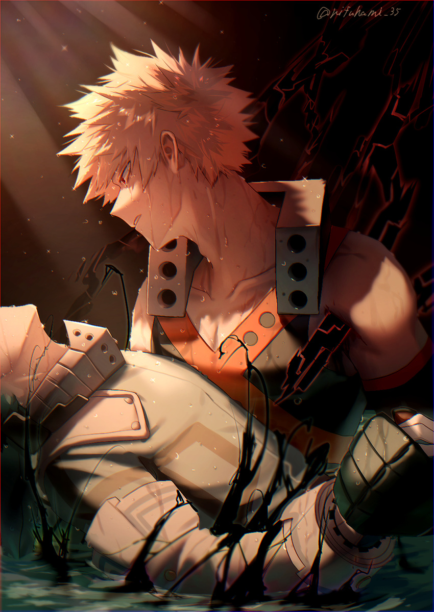 2boys adam's_apple artist_name bakugou_katsuki bare_shoulders black_gloves black_shirt black_whip_(boku_no_hero_academia) blonde_hair blood_on_shoulder blurry bodysuit boku_no_hero_academia brown_background chromatic_aberration collarbone crying cut_(nifuhami_35) deep_wound depth_of_field detached_sleeves fingerless_gloves from_side gloves green_bodysuit green_gloves hand_grab hand_on_another's_back hands_up head_back head_out_of_frame highres holding impaled injury leaning_back light_rays looking_at_another looking_down looking_to_the_side male_focus mask mask_around_neck midoriya_izuku mouth_mask multiple_boys orange_gloves parted_bangs parted_lips partially_submerged pectoral_cleavage pectorals pose_request profile shirt short_hair sidelighting sleeveless sparkle spiked_hair spoilers tank_top tears teeth tendril turning_head two-tone_gloves upper_body v-neck water water_drop wet wet_clothes wet_hair white_gloves