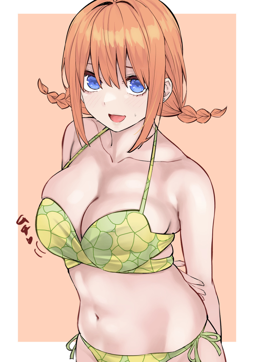 absurdres bikini blue_eyes border braid breasts cleavage collarbone female go-toubun_no_hanayome green_bikini highres looking_at_viewer marimo_625 nakano_yotsuba navel official_alternate_hairstyle open_mouth orange_background orange_hair outside_border short_hair side-tie_bikini_bottom simple_background solo stomach swimsuit twin_braids upper_body white_border