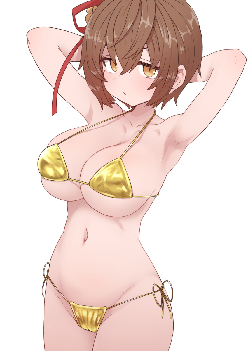 arms_up bad_id bad_twitter_id bare_shoulders bikini blush breasts brown_hair cleavage closed_mouth collarbone cowboy_shot female groin hair_between_eyes halterneck highres huge_breasts looking_at_viewer megido72 micro_bikini navel pout short_hair side-tie_bikini_bottom sidelocks simple_background solo standing stolas_(megido72) string_bikini sumiyao_(amam) swimsuit v-shaped_eyebrows white_background yellow_eyes