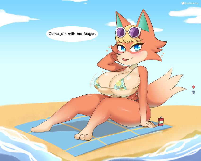 animal_crossing anthro audie_(animal_crossing) balloon beach big_breasts bikini blonde_hair blue_eyes blush breasts canid canine canis clothing english_text eyewear eyewear_on_head female gift hair hand_behind_head heart hi_res huge_breasts inflatable looking_at_viewer lotion_bottle mammal multicolored_body nintendo open_mouth sand seaside sitting solo speech_bubble startop sunglasses sunglasses_on_head swimwear text thick_thighs two_tone_body video_games water wolf