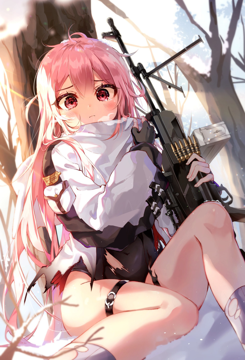 absurdres ahoge bad_id bad_twitter_id black_gloves blush bullet closed_mouth day dutch_angle feet_out_of_frame female fingerless_gloves frown girls'_frontline gloves gun hair_between_eyes highres holding holding_gun holding_weapon iop5509 knee_up legband light_machine_gun long_hair looking_at_viewer machine_gun messy_hair outdoors pink_eyes pink_hair shirt sitting snow solo torn_clothes tree ukm-2000_(girls'_frontline) very_long_hair weapon white_shirt wide-eyed